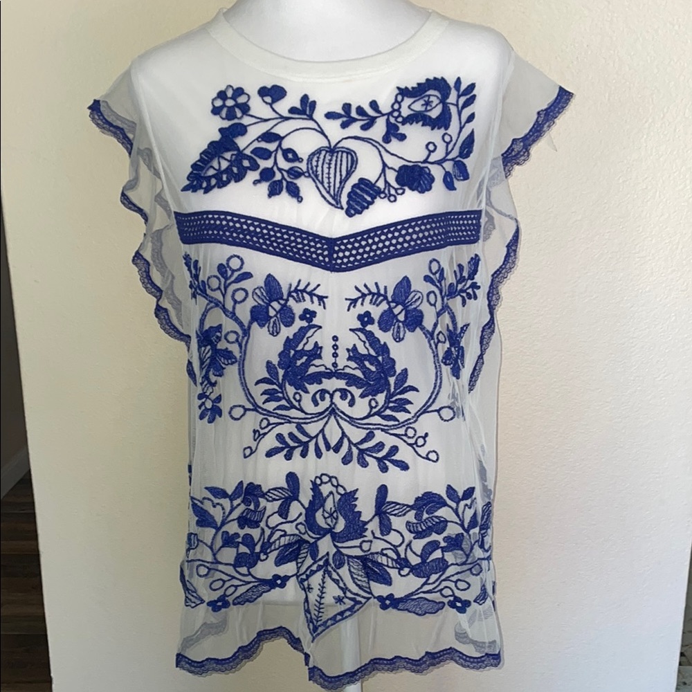 NWT By Anthropologie sheer white blouse with beautiful blue embroidery